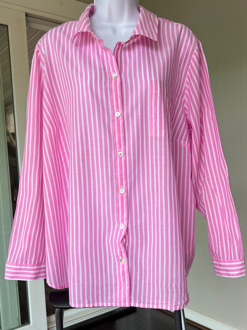 J Jill Lightweight Cotton Pink White Striped Button Up Top Shirt 2X MOP Buttons